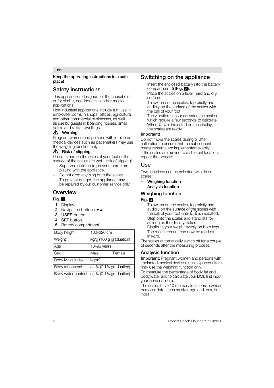 Safety instructions, Overview, Switching on the appliance | Bosch PPW3320 Analysewaage elektronisch AxxenceSlimLine Analysis User Manual | Page 6 / 84