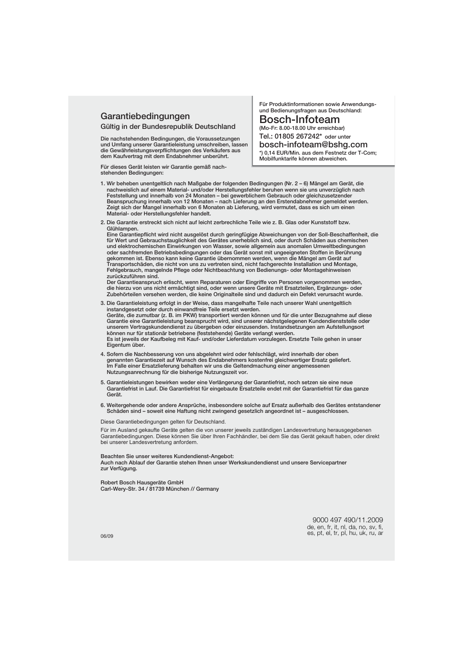 Bosch-infoteam, Garantiebedingungen | Bosch PPW3320 Analysewaage elektronisch AxxenceSlimLine Analysis User Manual | Page 81 / 84