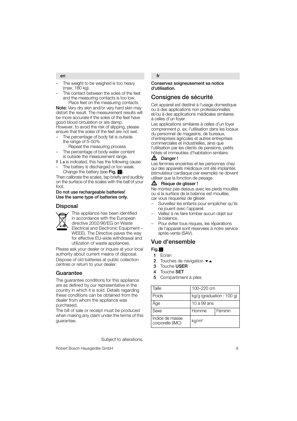 Consignes de sécurité, Vue d'ensemble | Bosch PPW3320 Analysewaage elektronisch AxxenceSlimLine Analysis User Manual | Page 9 / 84
