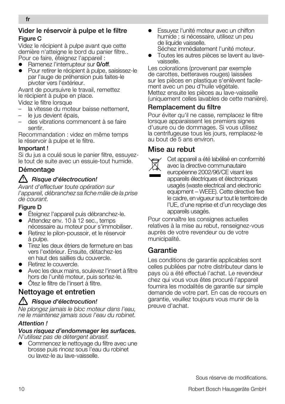 Nettoyage et entretien, Mise au rebut, Garantie | Bosch MES20A0 Entsafter weiß anthrazit User Manual | Page 10 / 71