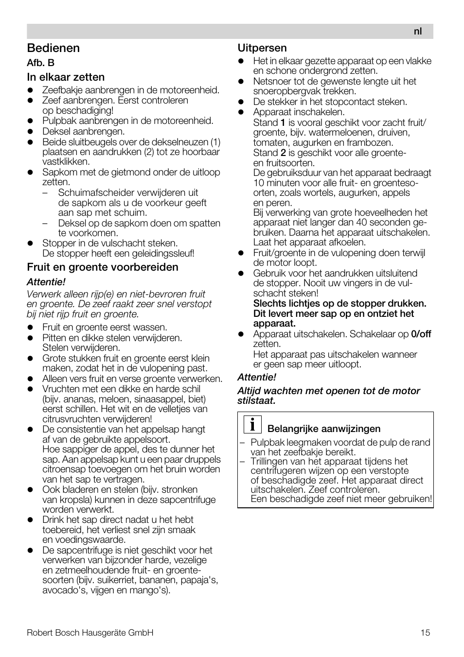 Bedienen | Bosch MES20A0 Entsafter weiß anthrazit User Manual | Page 15 / 71