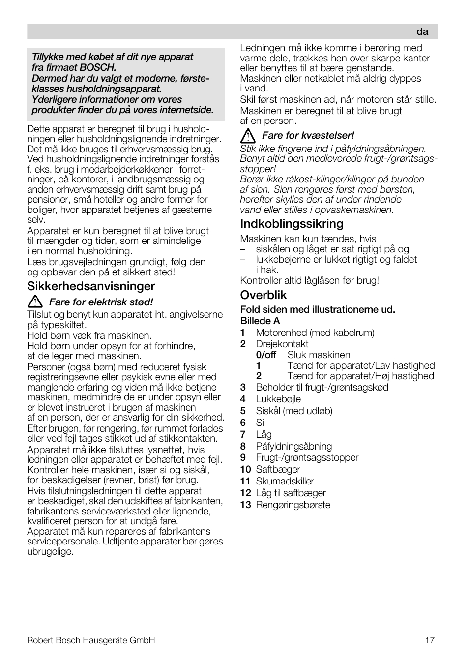 Sikkerhedsanvisninger, Indkoblingssikring, Overblik | Bosch MES20A0 Entsafter weiß anthrazit User Manual | Page 17 / 71