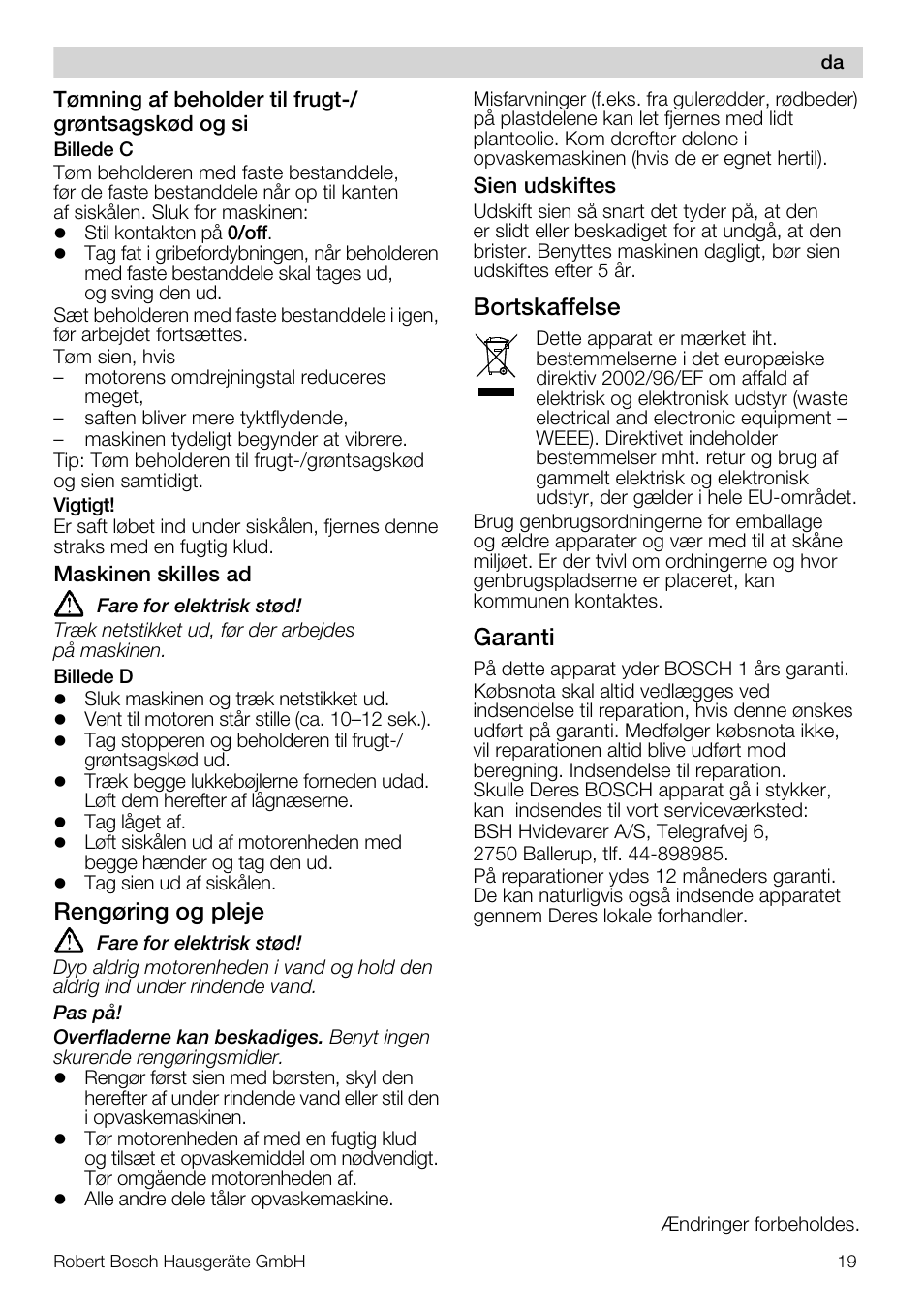 Rengøring og pleje, Bortskaffelse, Garanti | Bosch MES20A0 Entsafter weiß anthrazit User Manual | Page 19 / 71