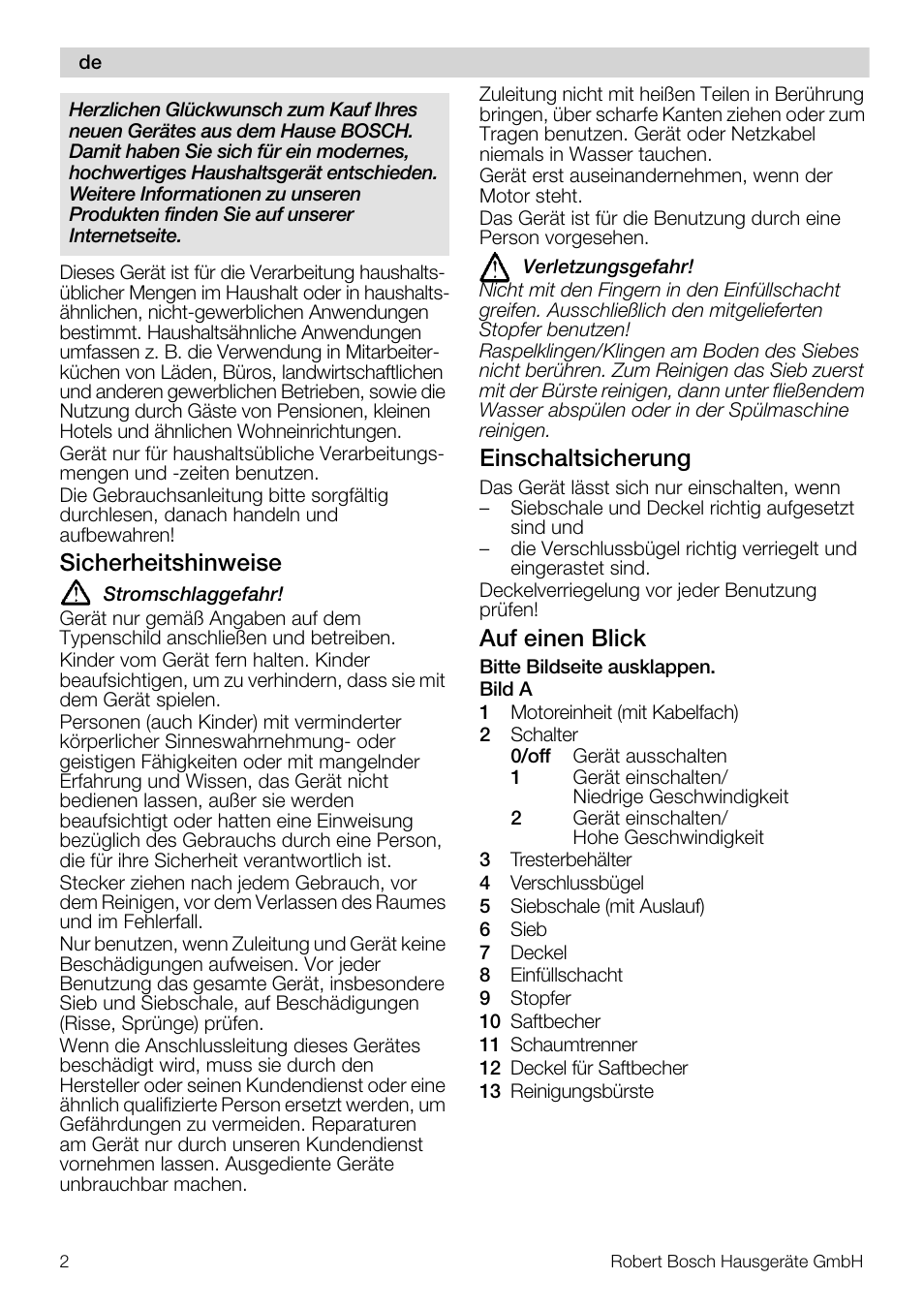 Sicherheitshinweise, Einschaltsicherung, Auf einen blick | Bosch MES20A0 Entsafter weiß anthrazit User Manual | Page 2 / 71