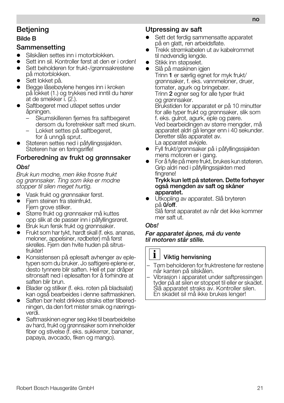 Betjening | Bosch MES20A0 Entsafter weiß anthrazit User Manual | Page 21 / 71