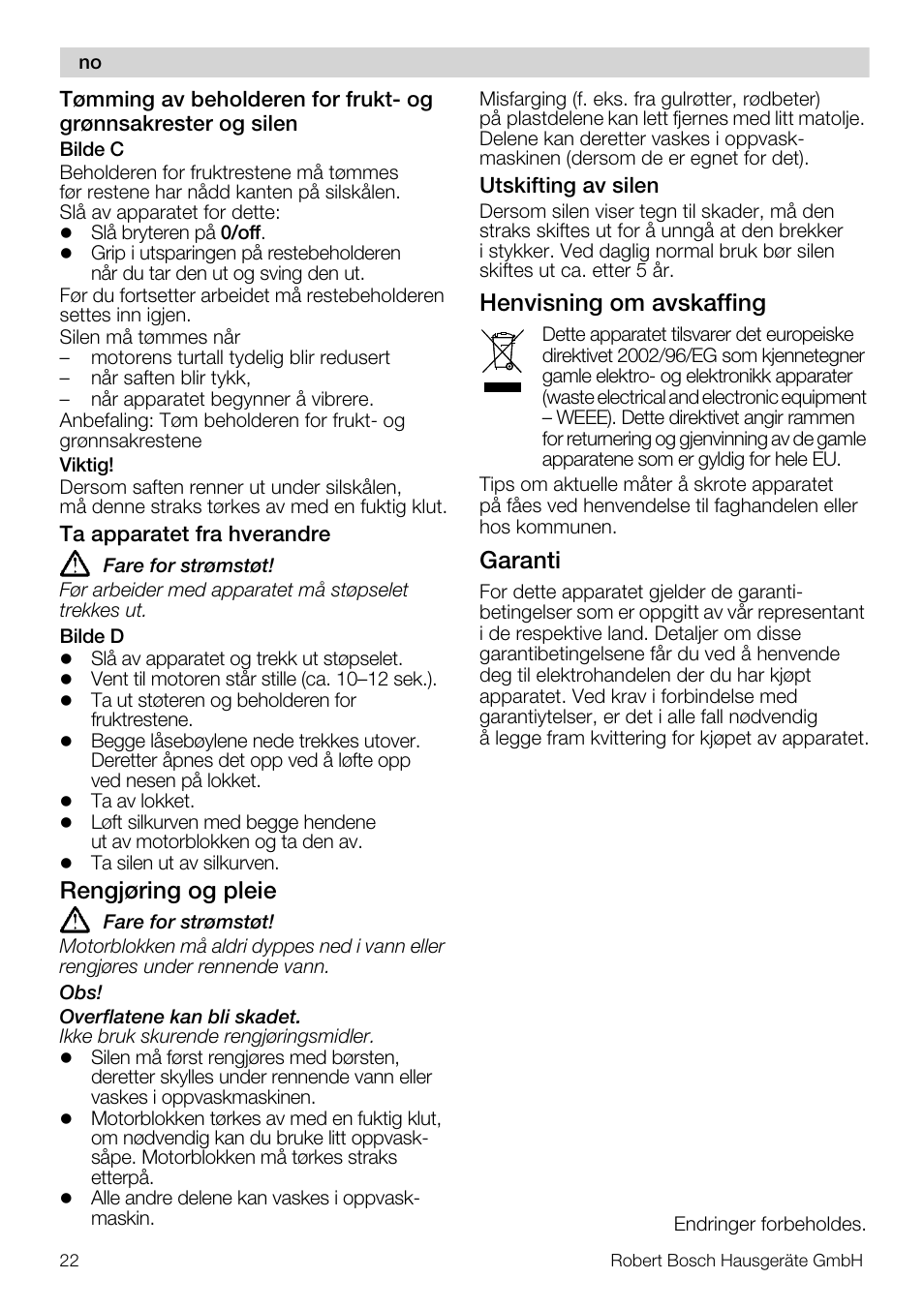 Rengjøring og pleie, Henvisning om avskaffing, Garanti | Bosch MES20A0 Entsafter weiß anthrazit User Manual | Page 22 / 71