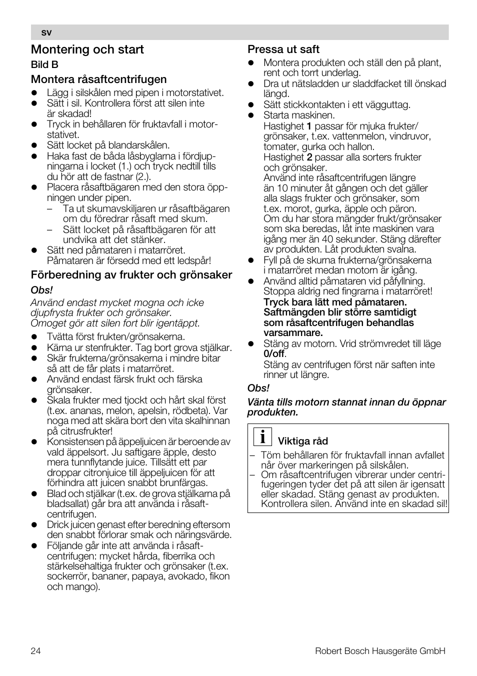 Montering och start | Bosch MES20A0 Entsafter weiß anthrazit User Manual | Page 24 / 71