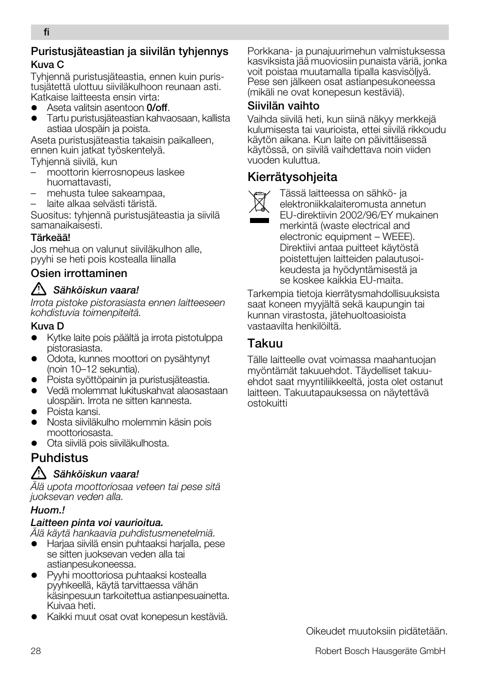 Puhdistus, Kierrätysohjeita, Takuu | Bosch MES20A0 Entsafter weiß anthrazit User Manual | Page 28 / 71