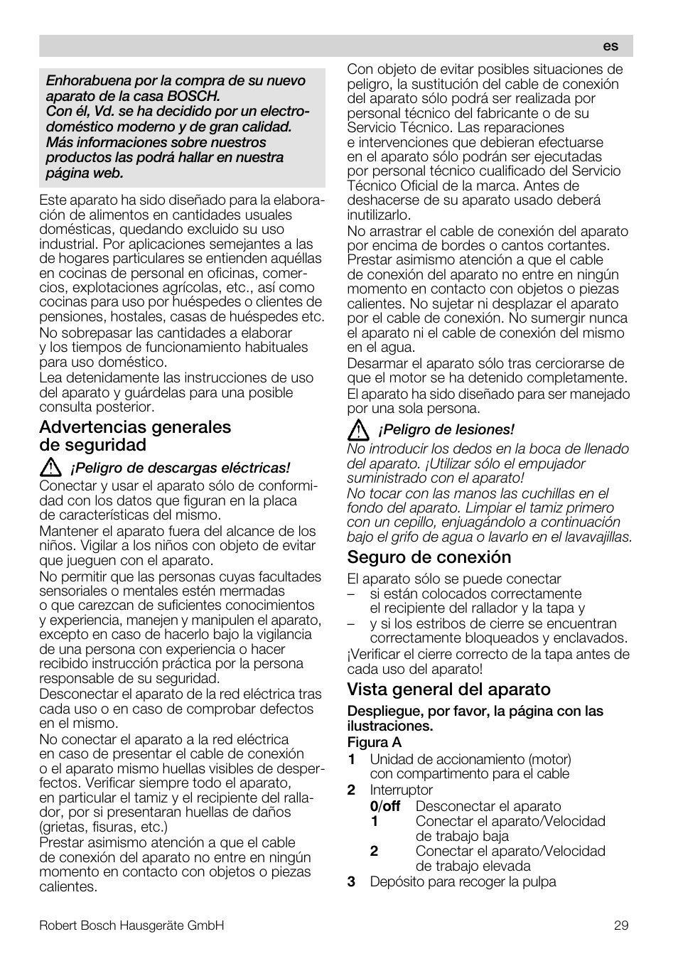 Advertencias generales de seguridad, Seguro de conexión, Vista general del aparato | Bosch MES20A0 Entsafter weiß anthrazit User Manual | Page 29 / 71