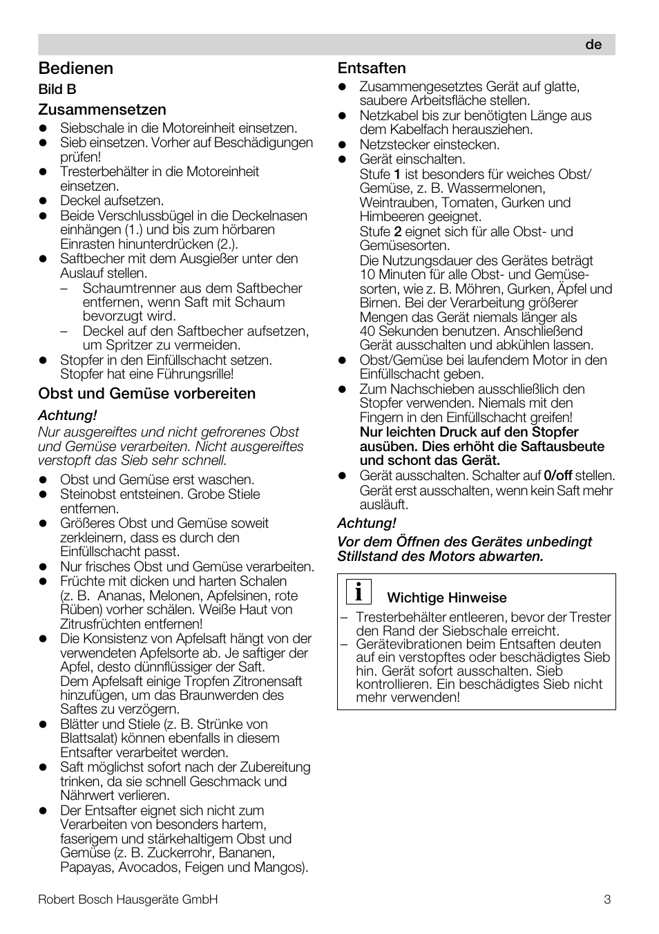 Bedienen | Bosch MES20A0 Entsafter weiß anthrazit User Manual | Page 3 / 71