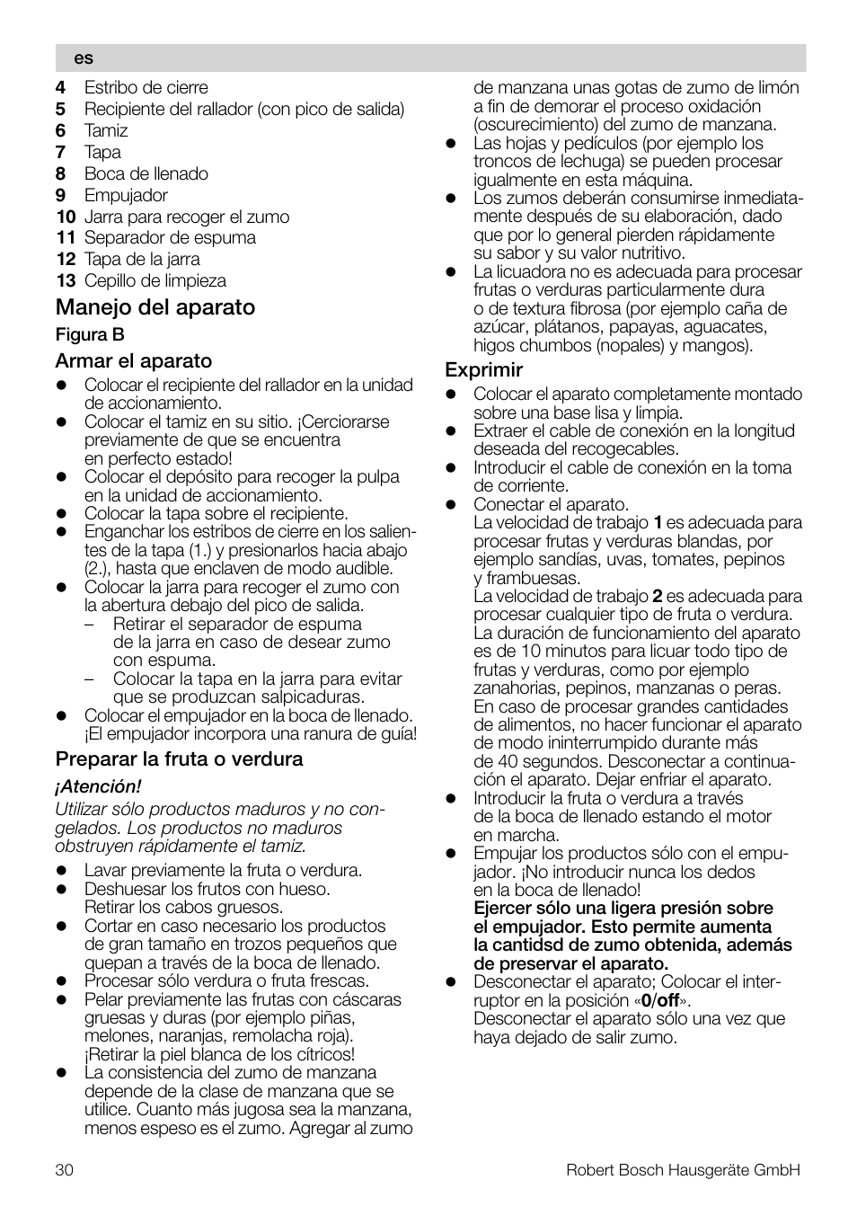 Manejo del aparato | Bosch MES20A0 Entsafter weiß anthrazit User Manual | Page 30 / 71