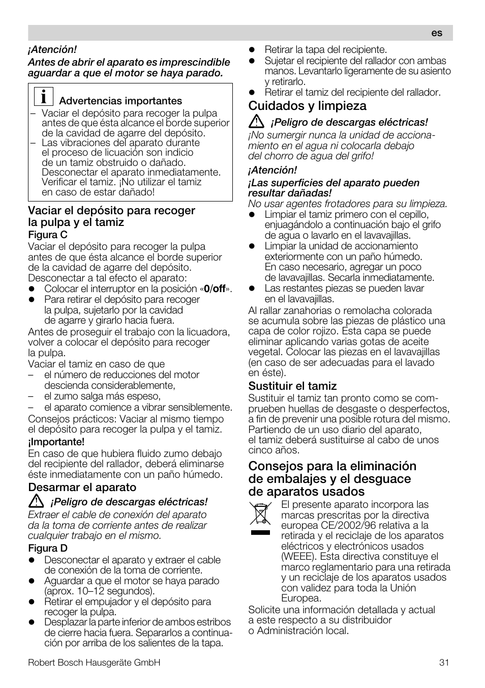 Cuidados y limpieza | Bosch MES20A0 Entsafter weiß anthrazit User Manual | Page 31 / 71