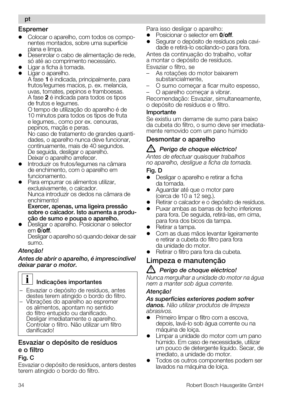 Limpeza e manutenção | Bosch MES20A0 Entsafter weiß anthrazit User Manual | Page 34 / 71