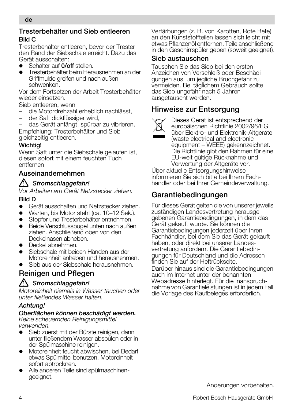 Reinigen und pflegen, Hinweise zur entsorgung, Garantiebedingungen | Bosch MES20A0 Entsafter weiß anthrazit User Manual | Page 4 / 71