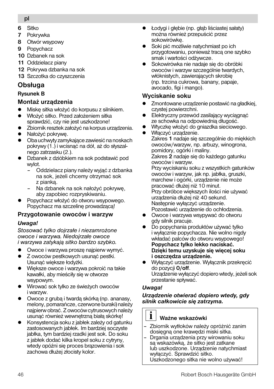 Obsługa | Bosch MES20A0 Entsafter weiß anthrazit User Manual | Page 46 / 71