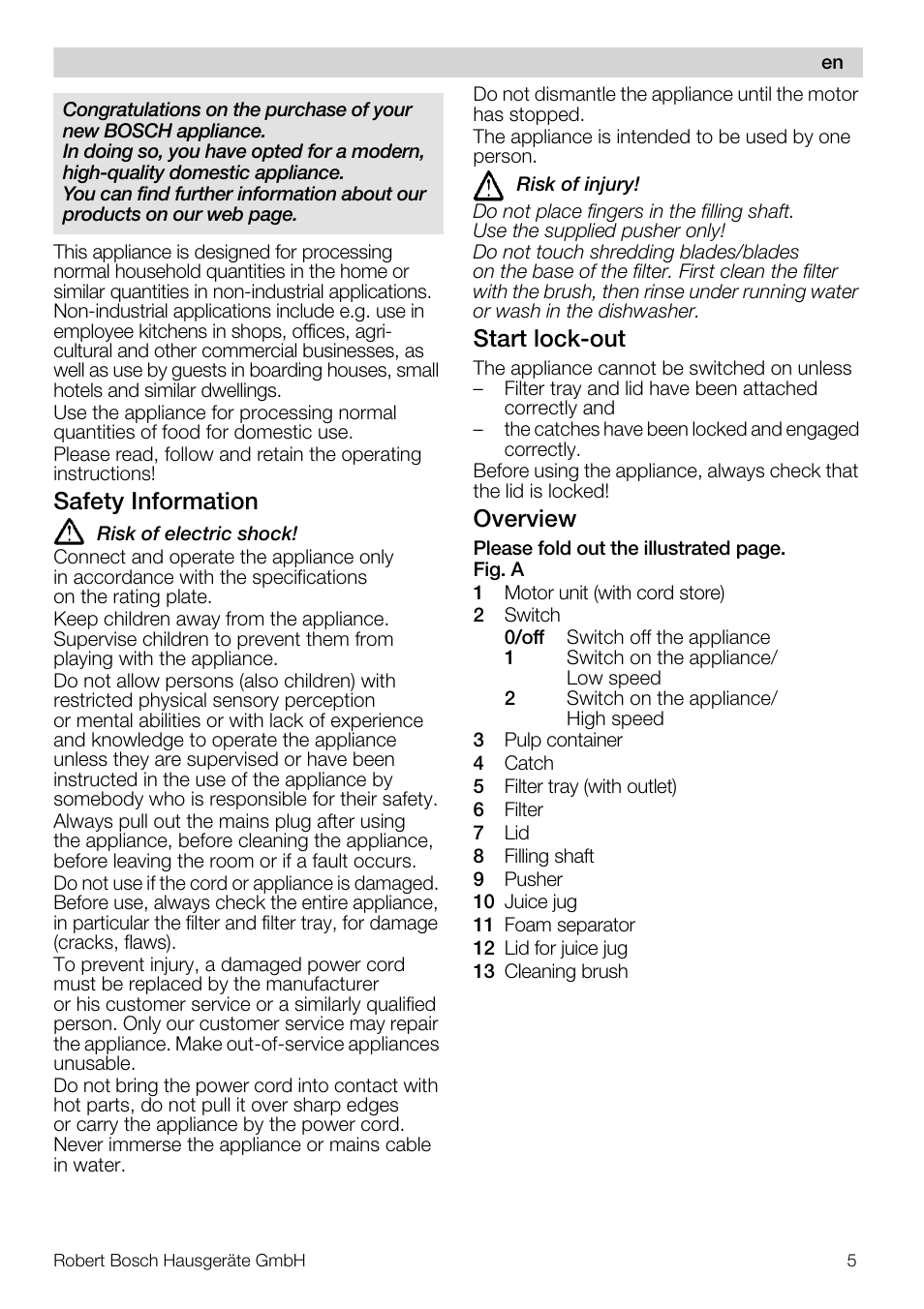 Safety information, Start lock-out, Overview | Bosch MES20A0 Entsafter weiß anthrazit User Manual | Page 5 / 71