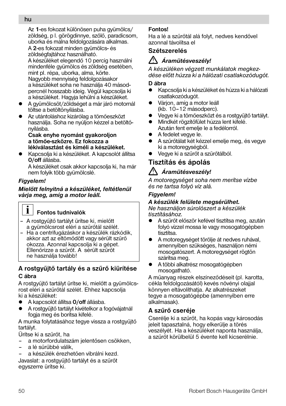 Tisztítás és ápolás | Bosch MES20A0 Entsafter weiß anthrazit User Manual | Page 50 / 71