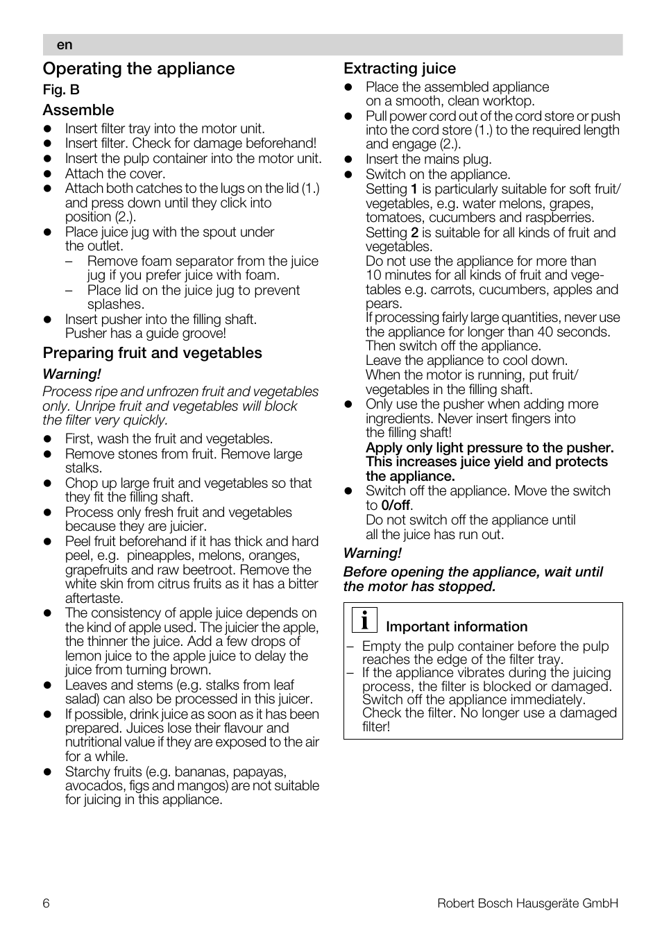 Operating the appliance | Bosch MES20A0 Entsafter weiß anthrazit User Manual | Page 6 / 71