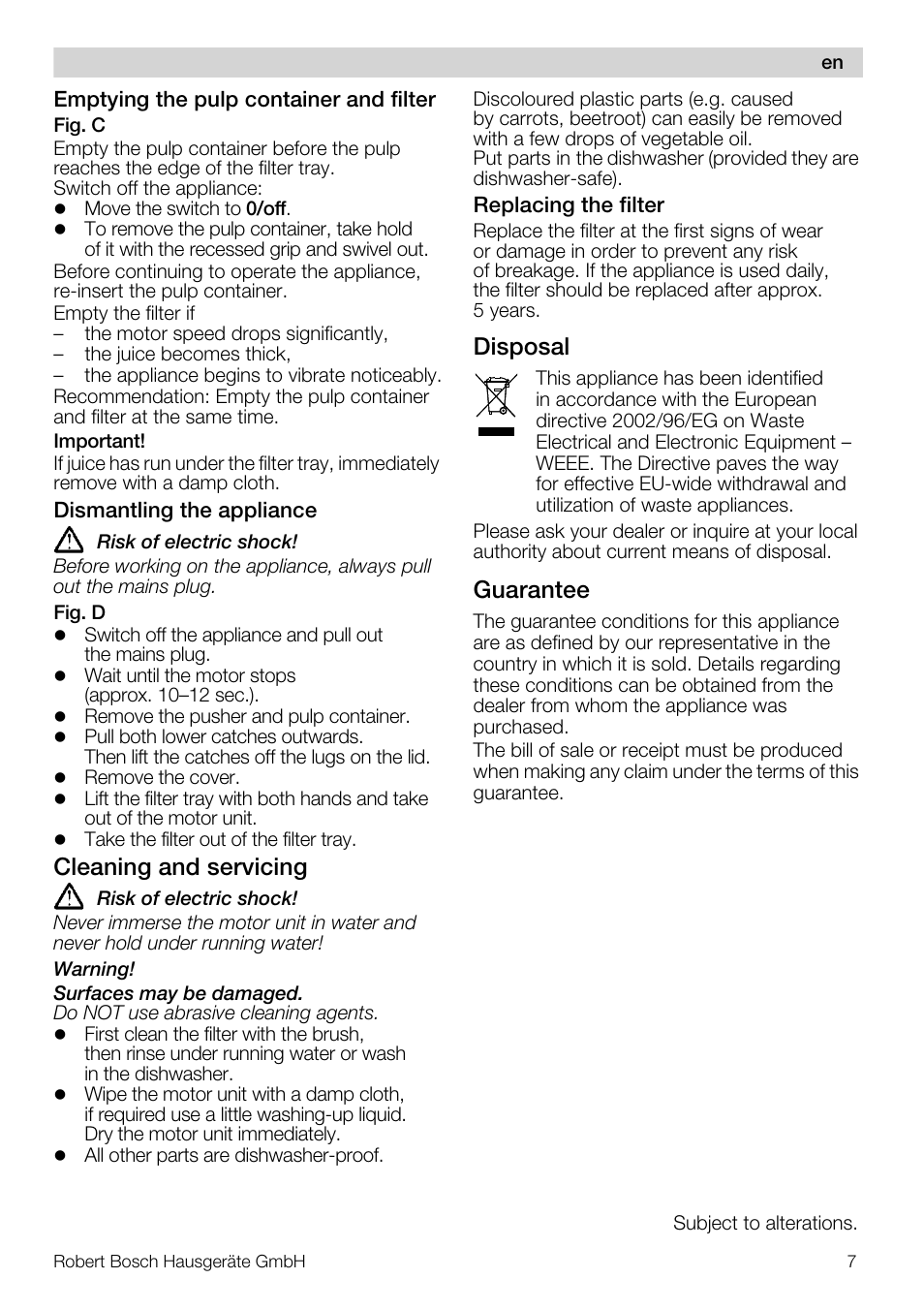 Cleaning and servicing, Disposal, Guarantee | Bosch MES20A0 Entsafter weiß anthrazit User Manual | Page 7 / 71