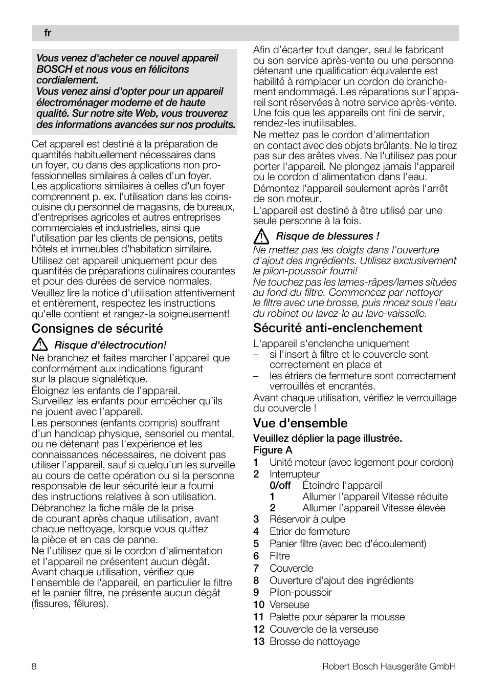 Consignes de sécurité, Sécurité anti-enclenchement, Vue d'ensemble | Bosch MES20A0 Entsafter weiß anthrazit User Manual | Page 8 / 71