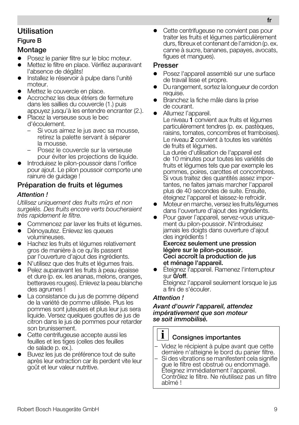 Utilisation | Bosch MES20A0 Entsafter weiß anthrazit User Manual | Page 9 / 71