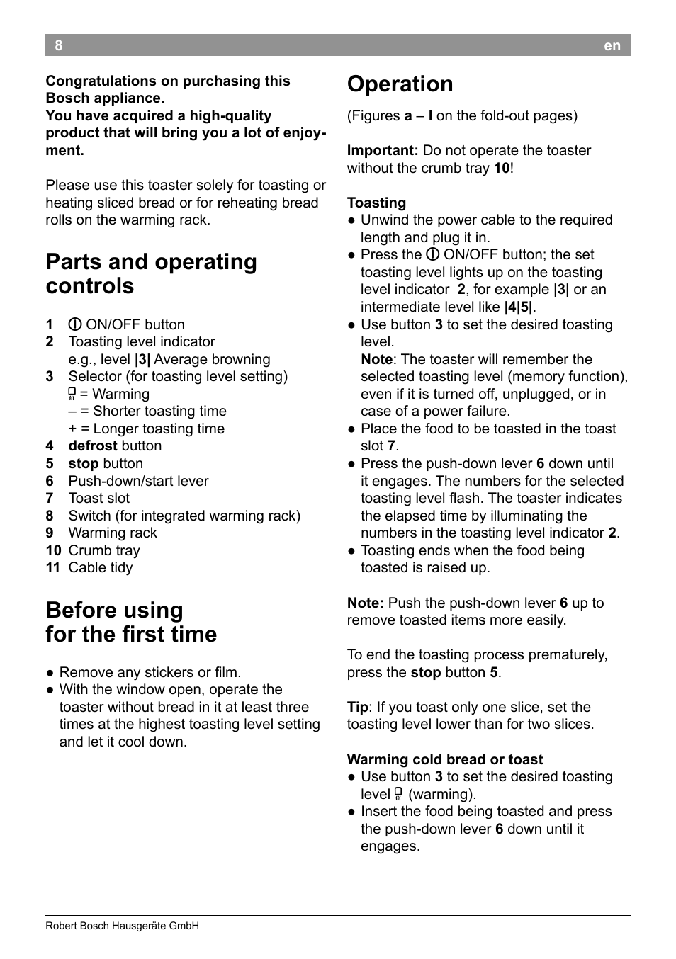 Parts and operating controls, Before using for the first time, Operation | Bosch TAT8613 Kompakt-Toaster EdelstahlKunststoff Styline Primärfarbe schwarz Sekundärfarbe schwarz User Manual | Page 10 / 96