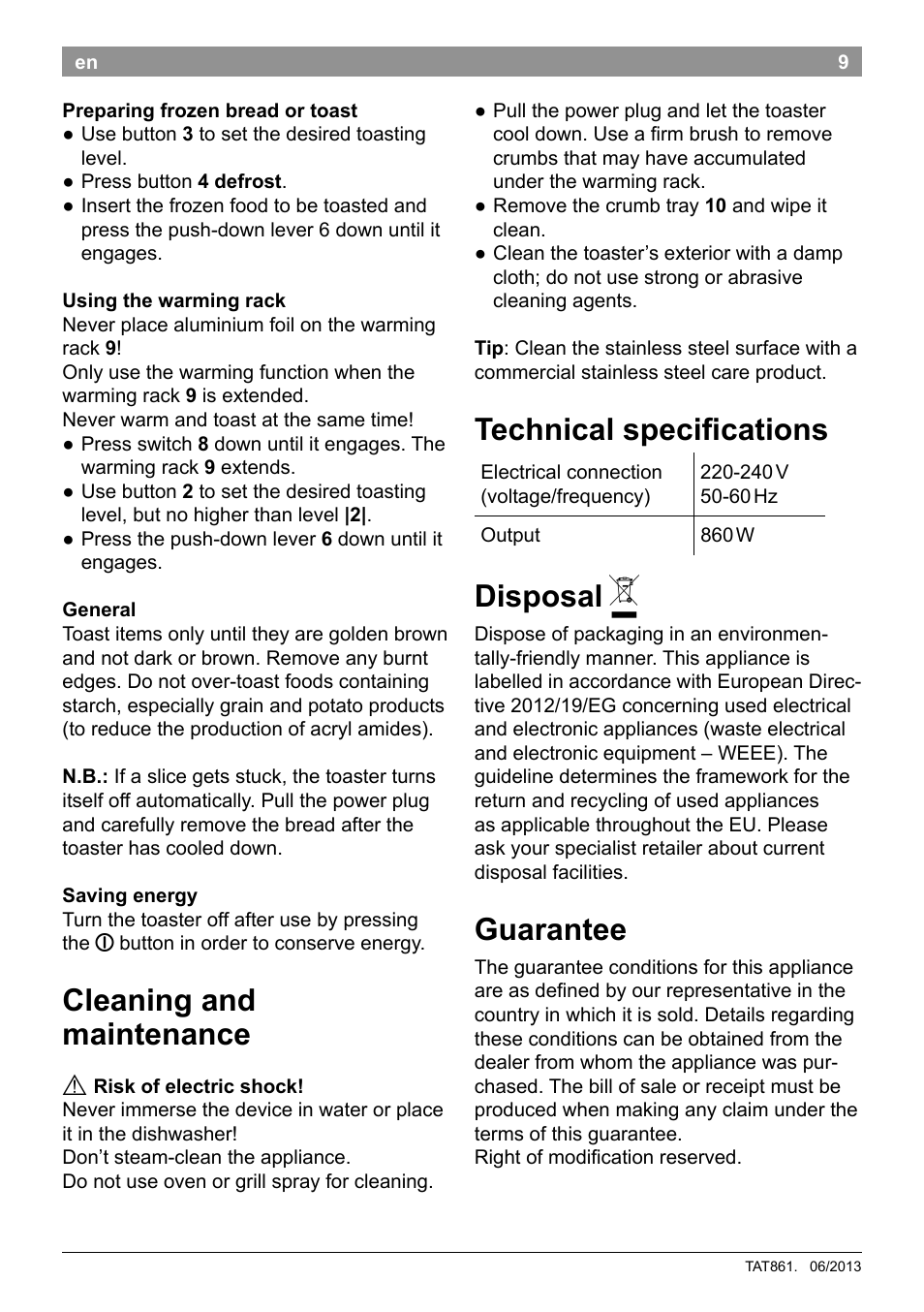 Technical specifications, Disposal, Guarantee | Cleaning and maintenance | Bosch TAT8613 Kompakt-Toaster EdelstahlKunststoff Styline Primärfarbe schwarz Sekundärfarbe schwarz User Manual | Page 11 / 96