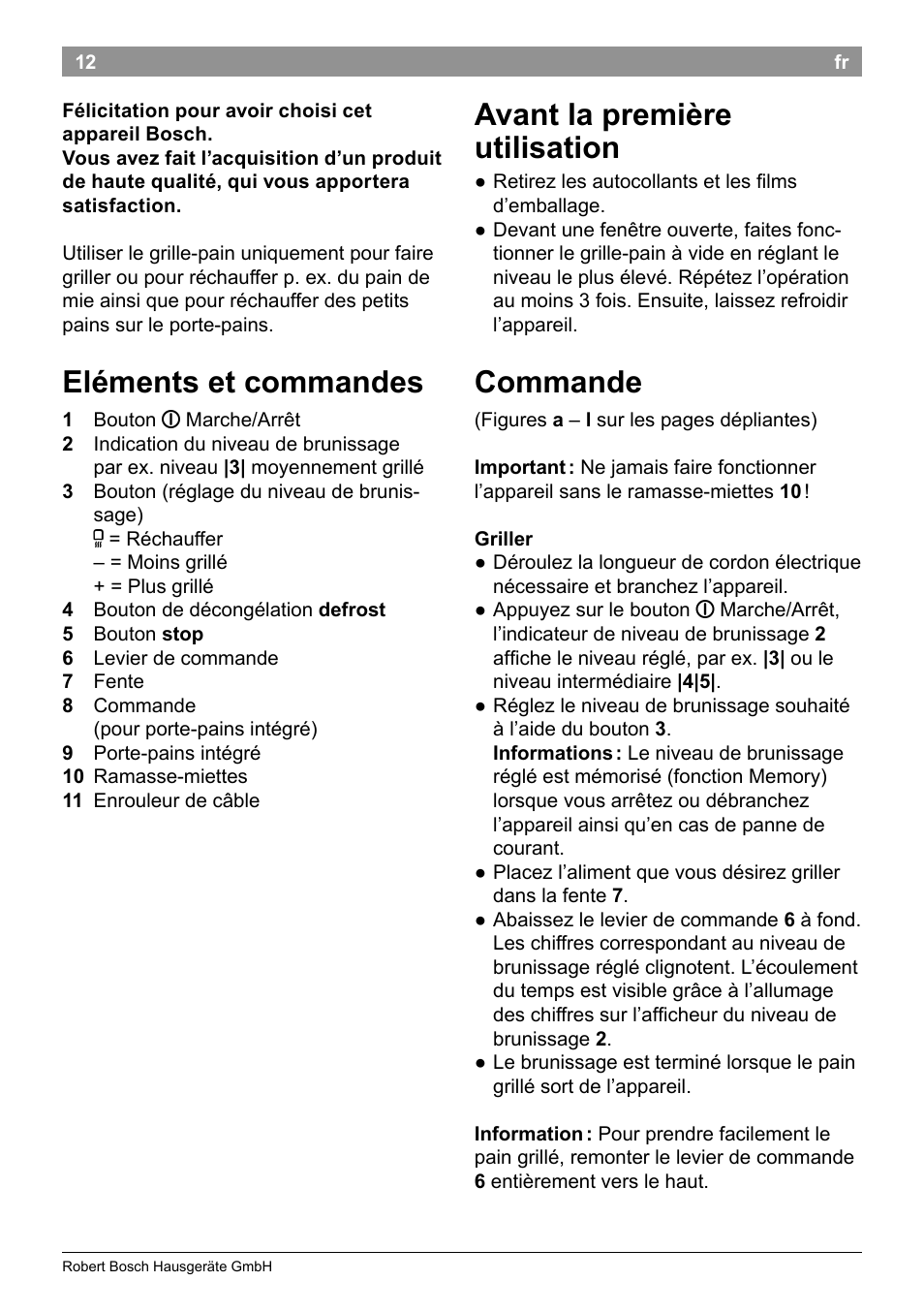 Eléments et commandes, Avant la première utilisation, Commande | Bosch TAT8613 Kompakt-Toaster EdelstahlKunststoff Styline Primärfarbe schwarz Sekundärfarbe schwarz User Manual | Page 14 / 96