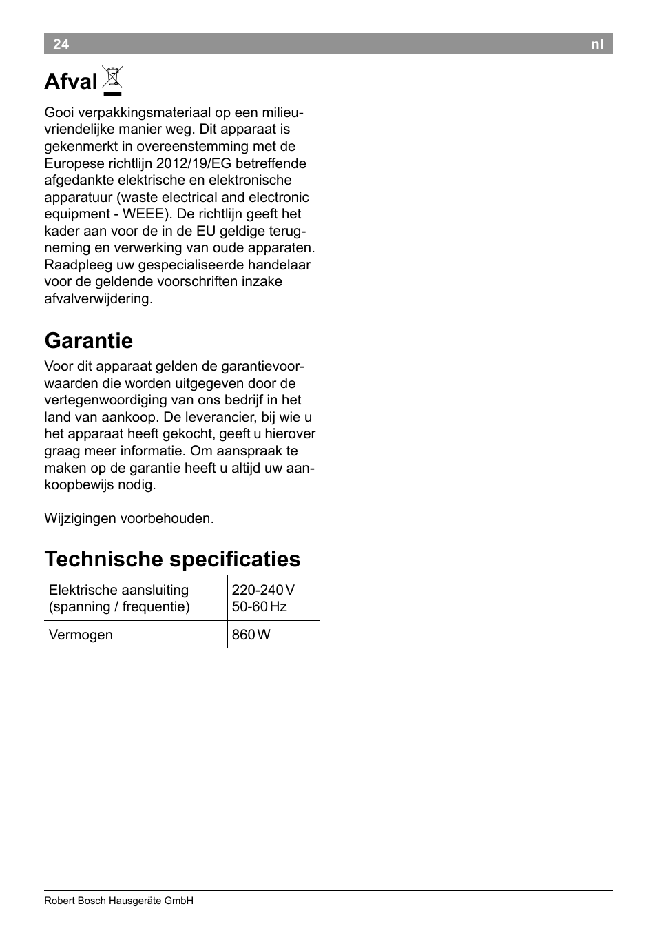 Afval, Garantie, Technische specificaties | Bosch TAT8613 Kompakt-Toaster EdelstahlKunststoff Styline Primärfarbe schwarz Sekundärfarbe schwarz User Manual | Page 26 / 96