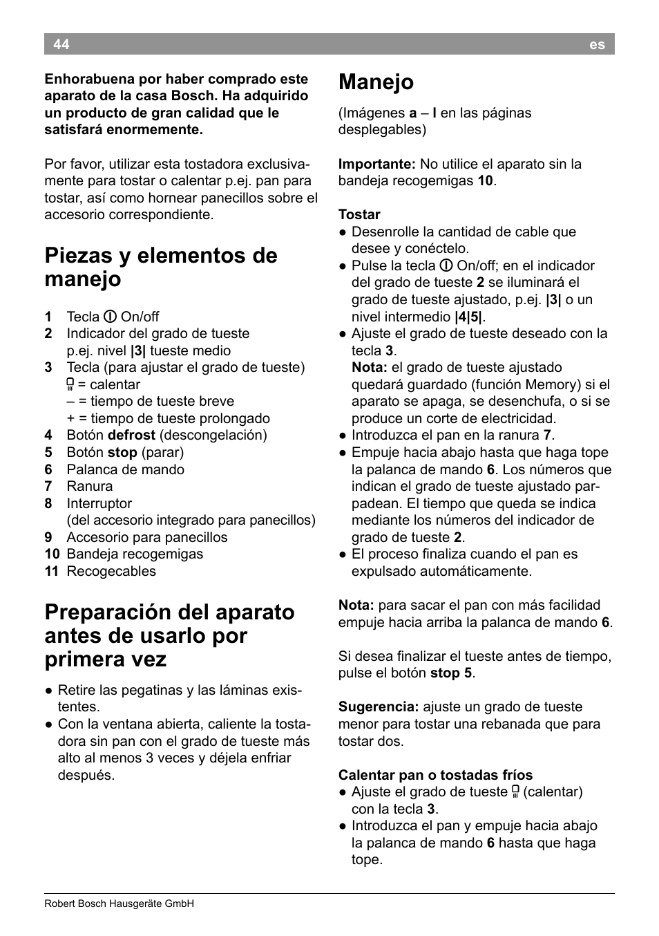 Manejo, Piezas y elementos de manejo | Bosch TAT8613 Kompakt-Toaster EdelstahlKunststoff Styline Primärfarbe schwarz Sekundärfarbe schwarz User Manual | Page 46 / 96