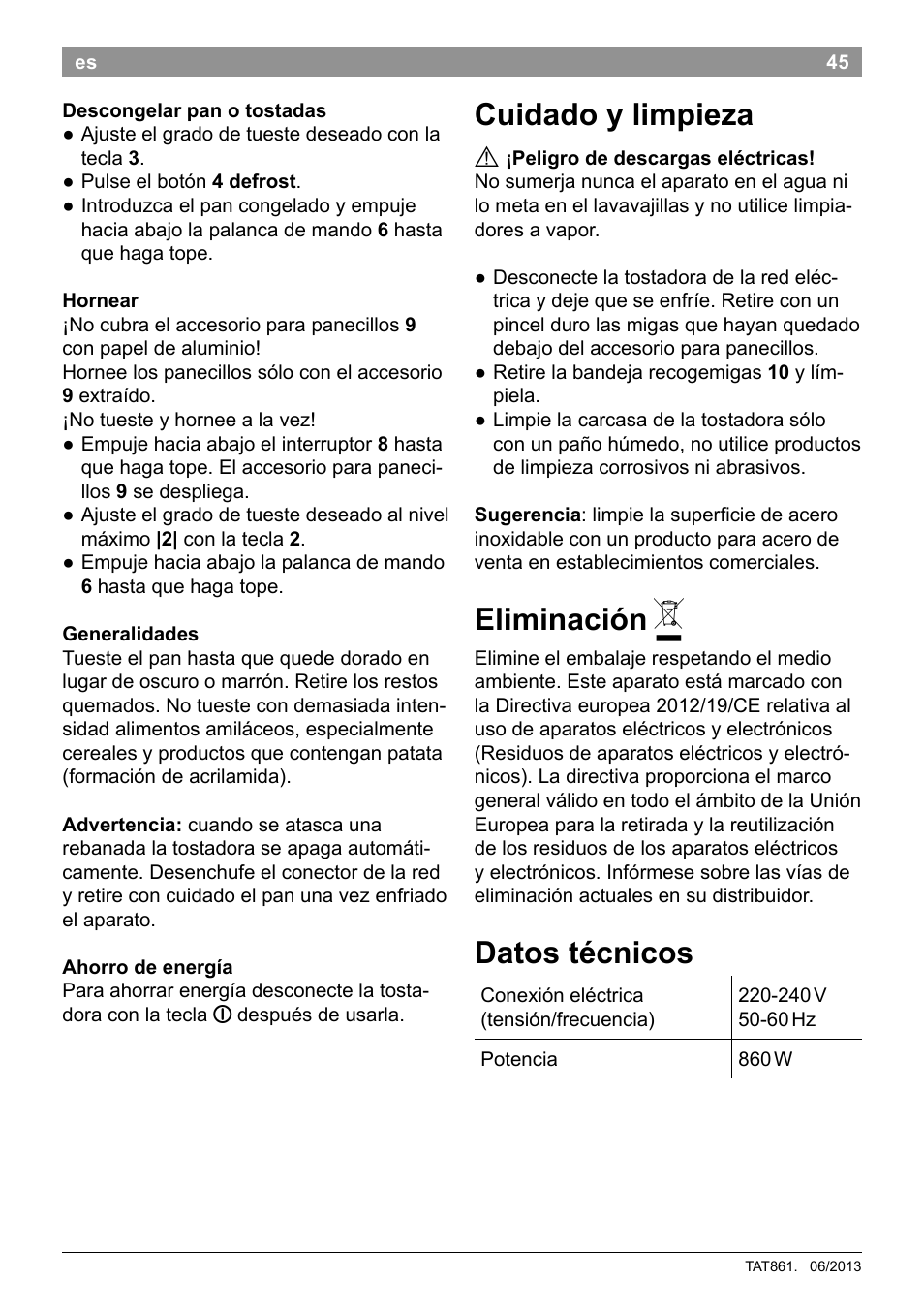 Cuidado y limpieza, Eliminación, Datos técnicos | Bosch TAT8613 Kompakt-Toaster EdelstahlKunststoff Styline Primärfarbe schwarz Sekundärfarbe schwarz User Manual | Page 47 / 96