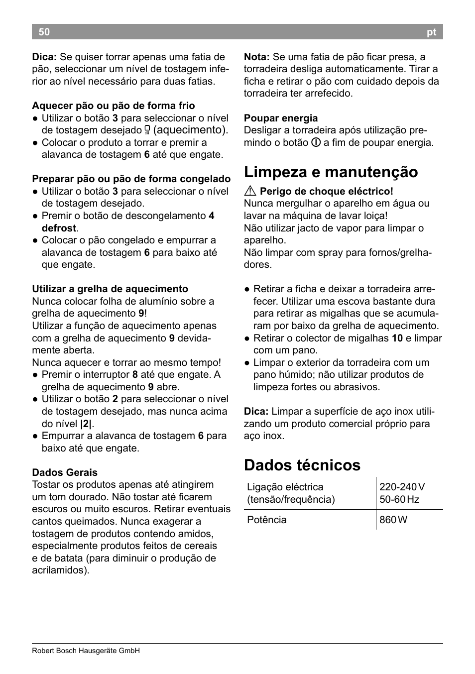 Limpeza e manutenção, Dados técnicos | Bosch TAT8613 Kompakt-Toaster EdelstahlKunststoff Styline Primärfarbe schwarz Sekundärfarbe schwarz User Manual | Page 52 / 96