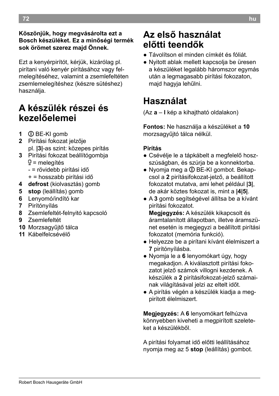 Az első használat előtti teendők, Használat, A készülék részei és kezelőelemei | Bosch TAT8613 Kompakt-Toaster EdelstahlKunststoff Styline Primärfarbe schwarz Sekundärfarbe schwarz User Manual | Page 74 / 96