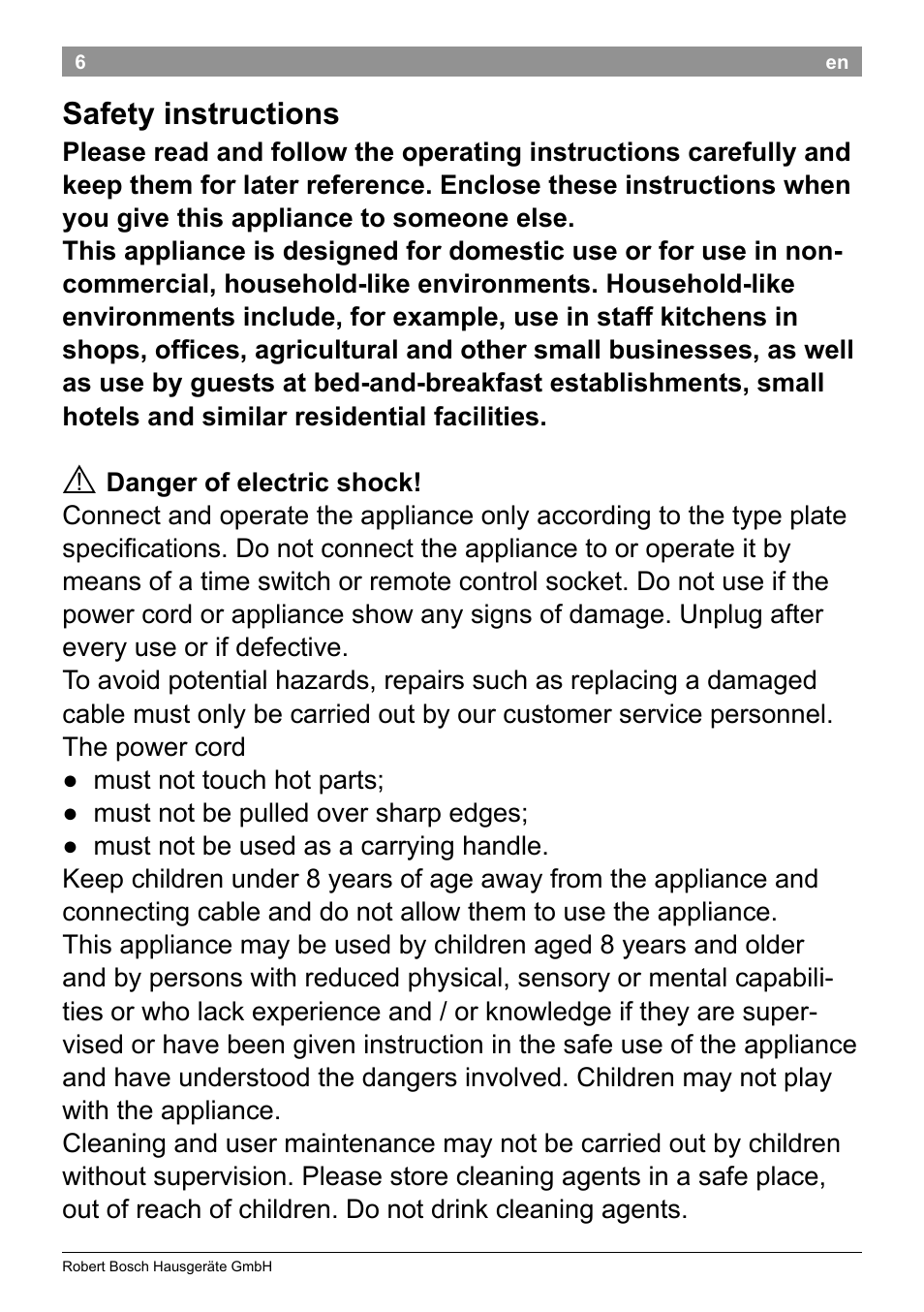 Safety instructions | Bosch TAT8613 Kompakt-Toaster EdelstahlKunststoff Styline Primärfarbe schwarz Sekundärfarbe schwarz User Manual | Page 8 / 96