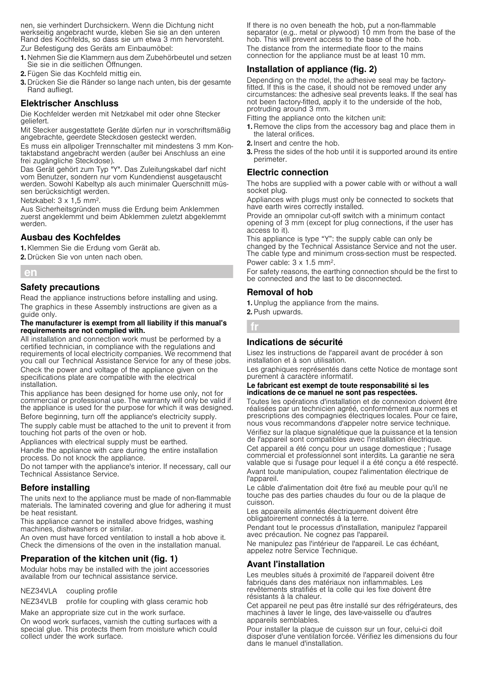 Fügen sie das kochfeld mittig ein, Elektrischer anschluss, Ausbau des kochfeldes | Klemmen sie die erdung vom gerät ab, Drücken sie von unten nach oben, Safety precautions, Before installing, Preparation of the kitchen unit (fig. 1), Installation of appliance (fig. 2), Insert and centre the hob | Bosch PCX345E Edelstahl Massekochplatten-Schaltermulde Domino User Manual | Page 3 / 4