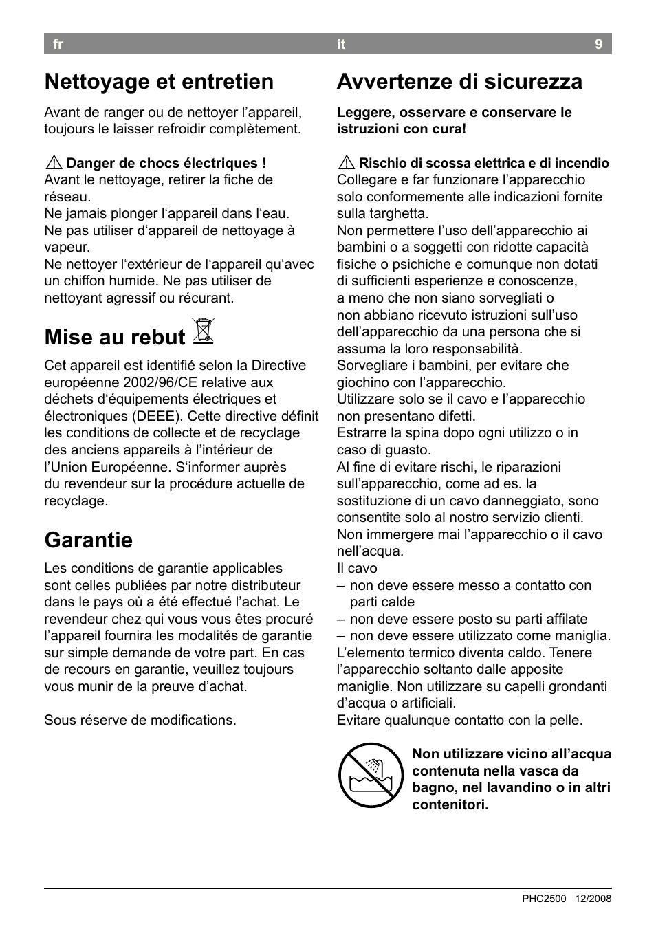 Avvertenze di sicurezza, Nettoyage et entretien, Mise au rebut | Garantie | Bosch PHC2500 Lockenstab ProSalon Home User Manual | Page 11 / 54