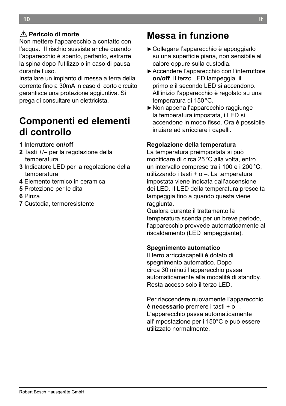 Componenti ed elementi di controllo, Messa in funzione | Bosch PHC2500 Lockenstab ProSalon Home User Manual | Page 12 / 54