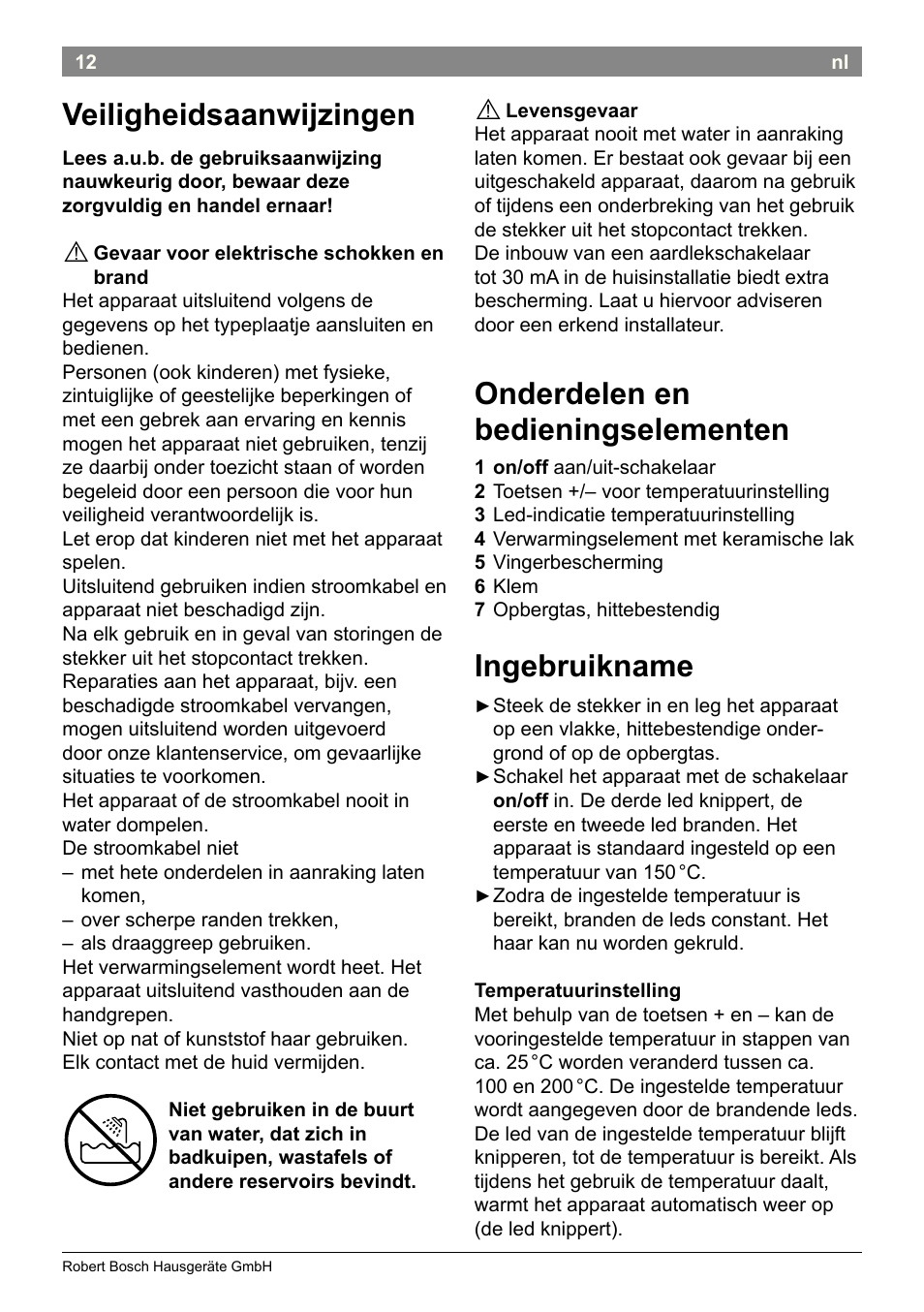 Veiligheidsaanwijzingen, Onderdelen en bedieningselementen, Ingebruikname | Bosch PHC2500 Lockenstab ProSalon Home User Manual | Page 14 / 54