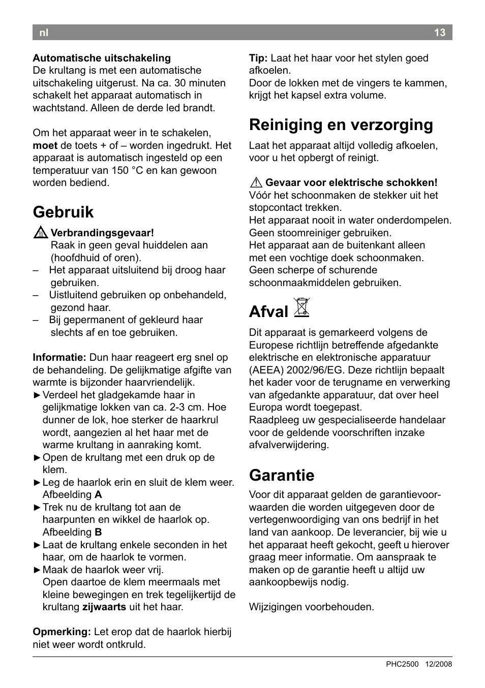 Gebruik, Reiniging en verzorging, Afval | Garantie | Bosch PHC2500 Lockenstab ProSalon Home User Manual | Page 15 / 54