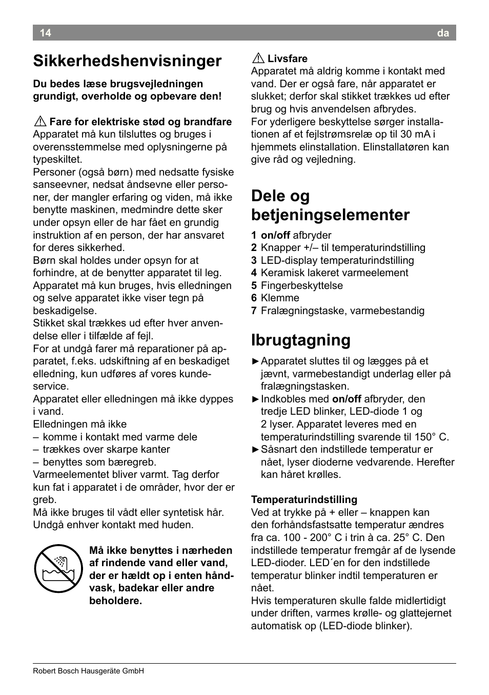 Sikkerhedshenvisninger, Dele og betjeningselementer, Ibrugtagning | Bosch PHC2500 Lockenstab ProSalon Home User Manual | Page 16 / 54