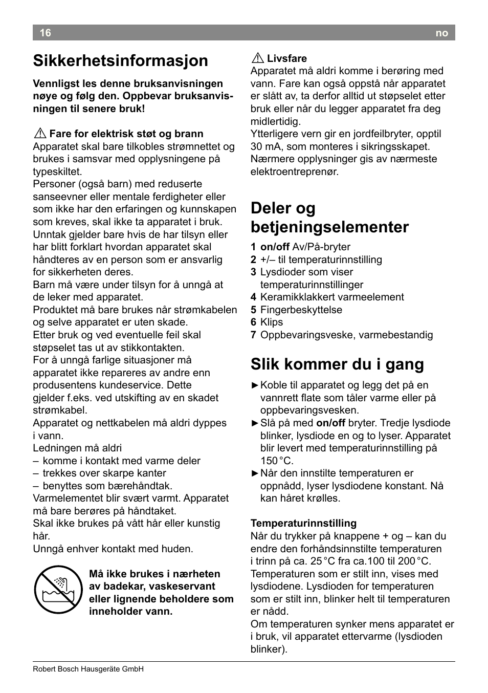 Sikkerhetsinformasjon, Deler og betjeningselementer, Slik kommer du i gang | Bosch PHC2500 Lockenstab ProSalon Home User Manual | Page 18 / 54