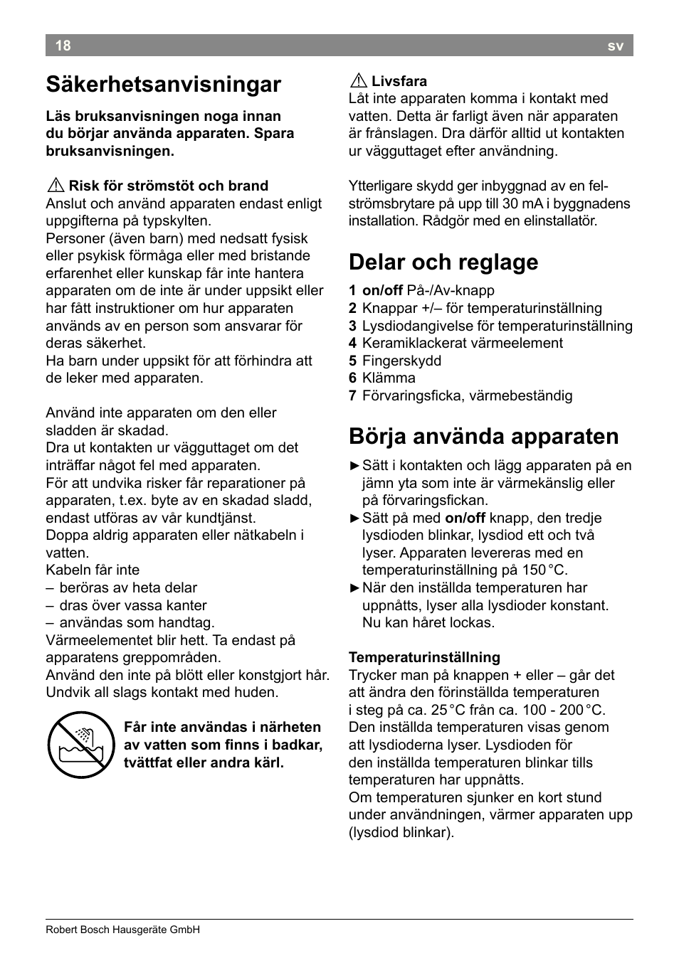 Säkerhetsanvisningar, Delar och reglage, Börja använda apparaten | Bosch PHC2500 Lockenstab ProSalon Home User Manual | Page 20 / 54