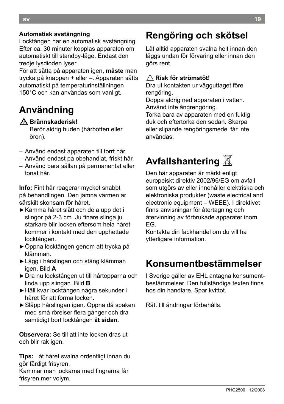 Användning, Rengöring och skötsel, Avfallshantering | Konsumentbestämmelser | Bosch PHC2500 Lockenstab ProSalon Home User Manual | Page 21 / 54