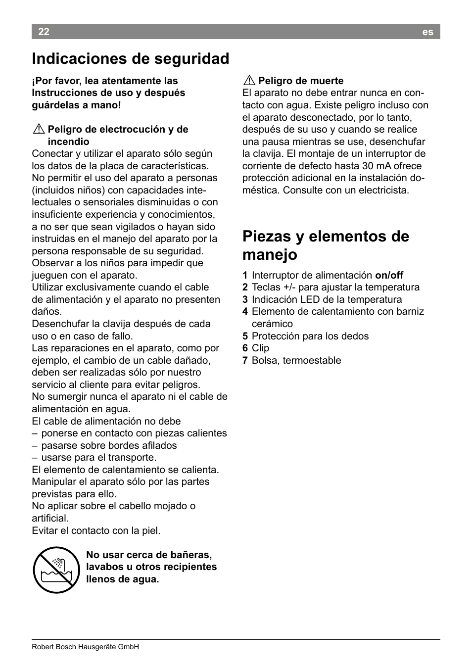 Indicaciones de seguridad, Piezas y elementos de manejo | Bosch PHC2500 Lockenstab ProSalon Home User Manual | Page 24 / 54