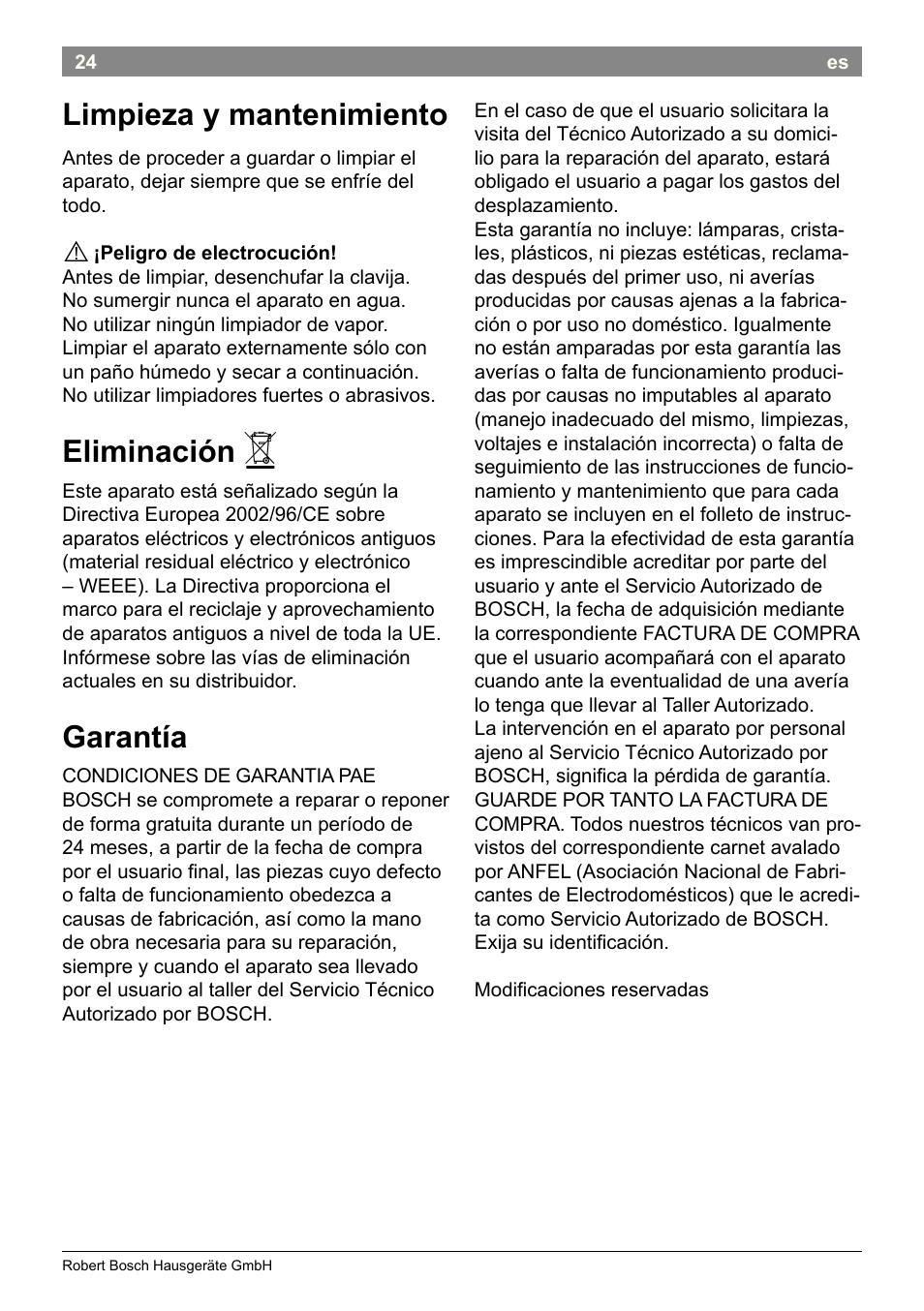 Limpieza y mantenimiento, Eliminación, Garantía | Bosch PHC2500 Lockenstab ProSalon Home User Manual | Page 26 / 54