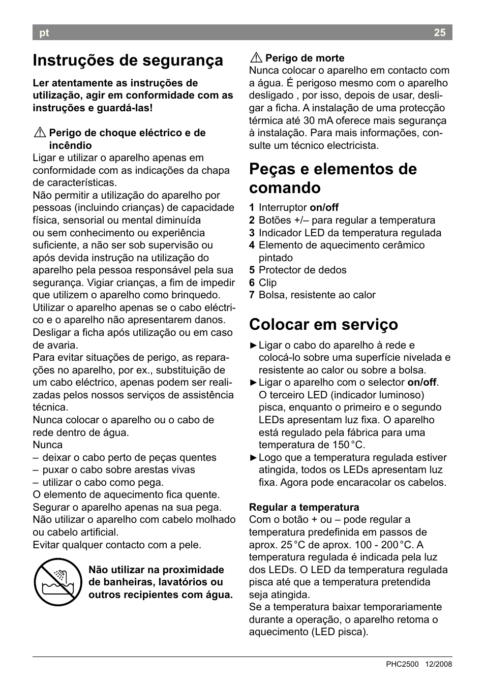 Peças e elementos de comando, Colocar em serviço, Instruções de segurança | Bosch PHC2500 Lockenstab ProSalon Home User Manual | Page 27 / 54