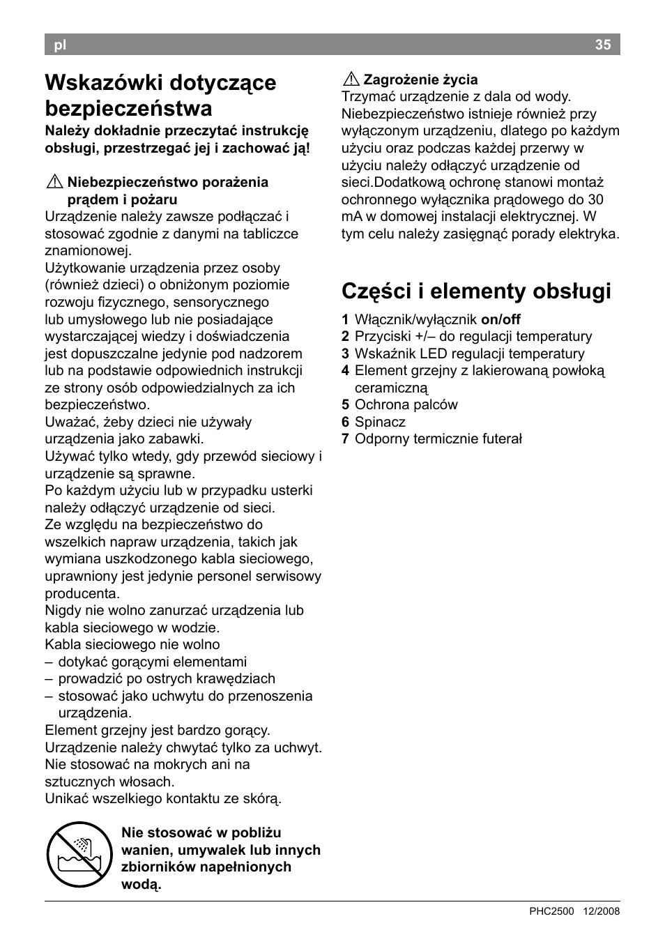 Wskazówki dotyczące bezpieczeństwa, Części i elementy obsługi | Bosch PHC2500 Lockenstab ProSalon Home User Manual | Page 37 / 54