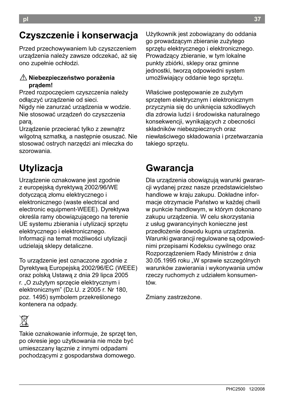 Czyszczenie i konserwacja, Utylizacja, Gwarancja | Bosch PHC2500 Lockenstab ProSalon Home User Manual | Page 39 / 54