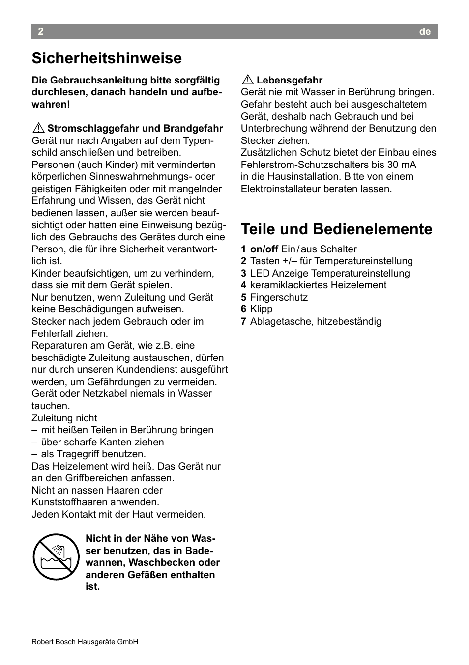 Sicherheitshinweise, Teile und bedienelemente | Bosch PHC2500 Lockenstab ProSalon Home User Manual | Page 4 / 54