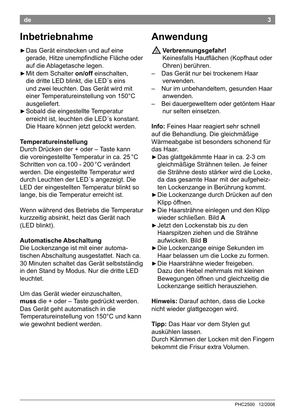 Inbetriebnahme, Anwendung | Bosch PHC2500 Lockenstab ProSalon Home User Manual | Page 5 / 54